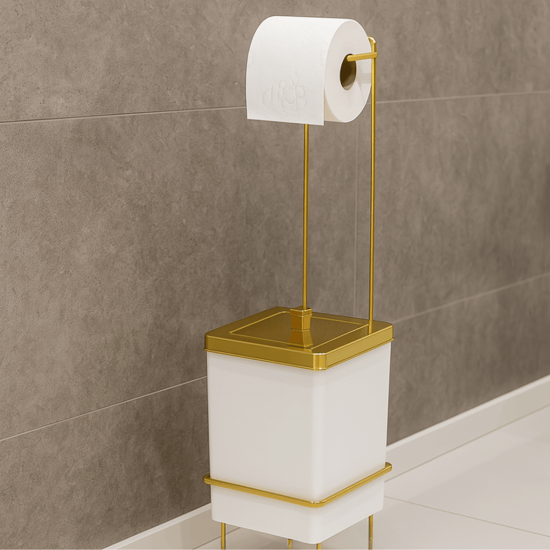 Suporte Papel Higiênico com Lixeira Branca e Dourada 6,5 Litros
