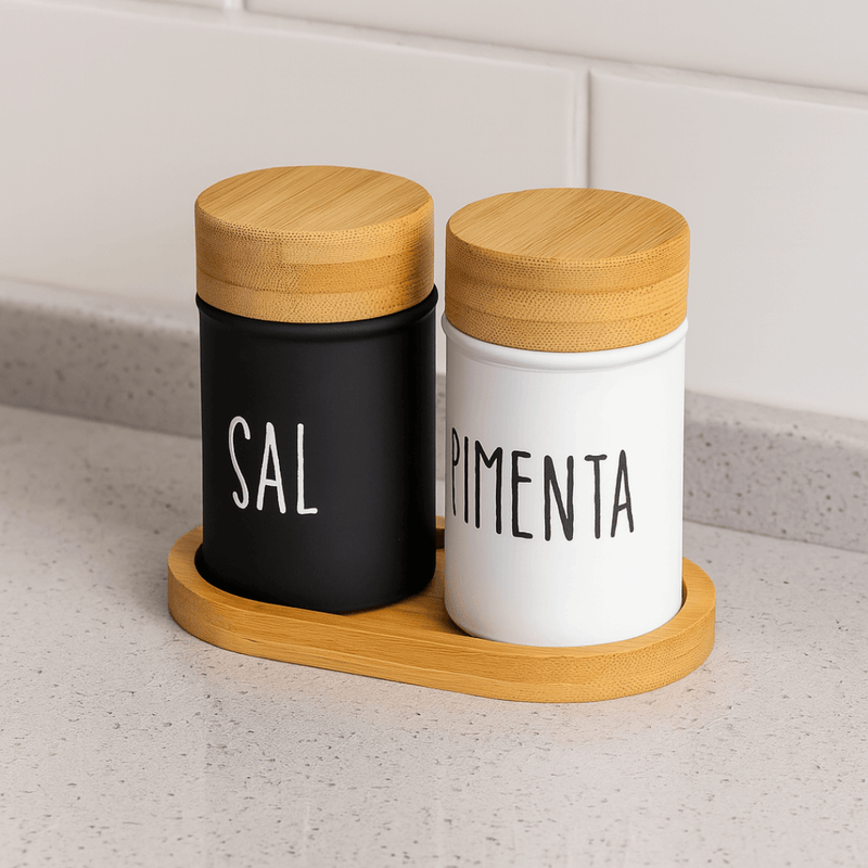 Jogo Saleiro e Pimenteiro com Suporte Doha 90ml 3 Peças